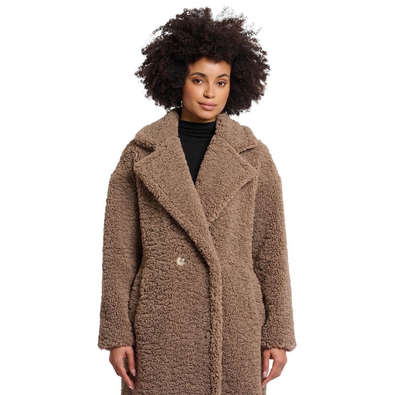 Rino and Pelle Elicia Teddy Double Breasted Coat Toffee on model close-up