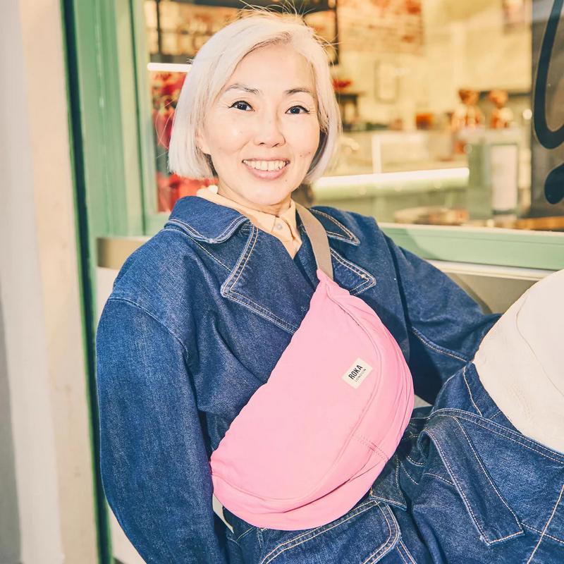 Roka Farringdon Half Moon Taslon Bag Pink Lemonade on model