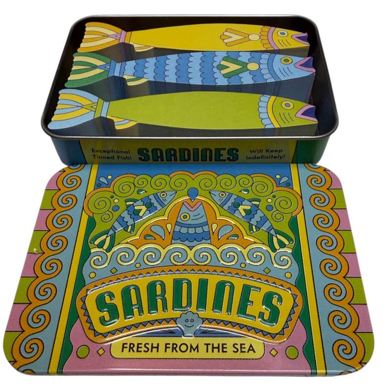 Sardines Fishy Sticky Notes In A Tin open
