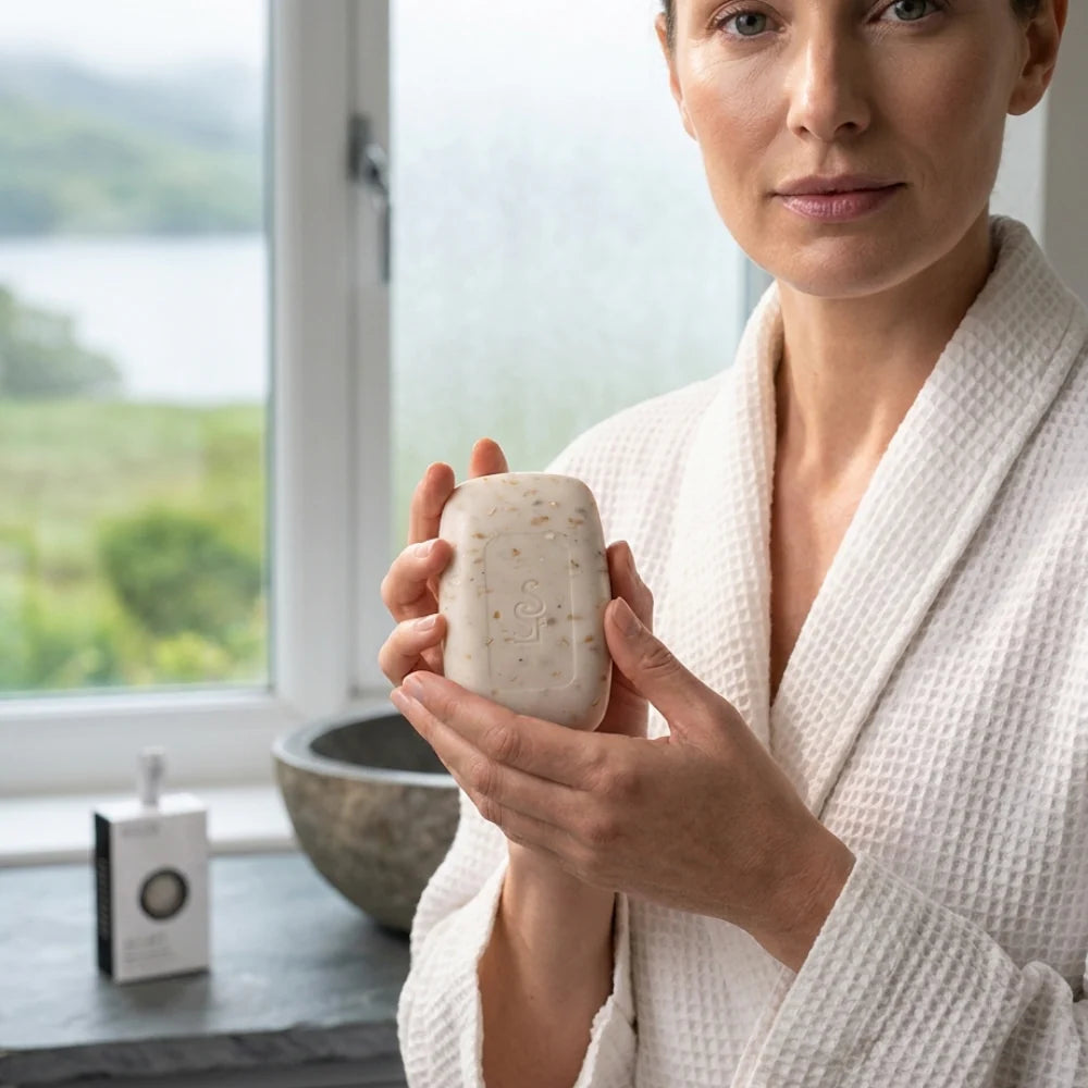 Scottish Fine Soaps Au Lait Exfoliating Body Scrub Bar held by model