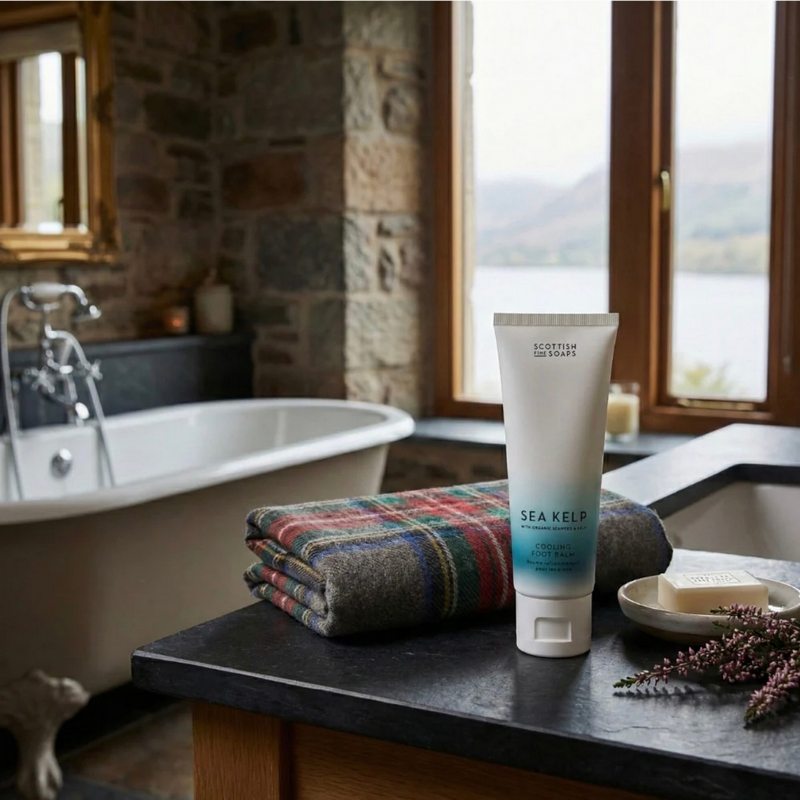 Scottish Fine Soaps Sea Kelp Cooling Foot Balm 75ml lifestyle in bathroon