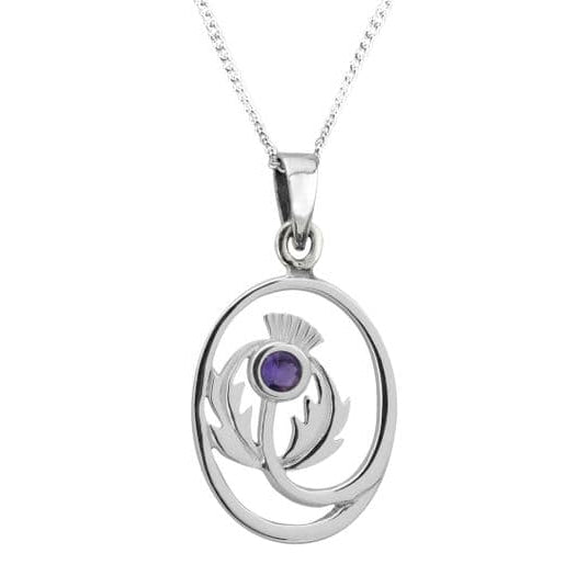 Scottish Thistle Silver Oval Pendant with Amethyst Colour Stone 0810 front