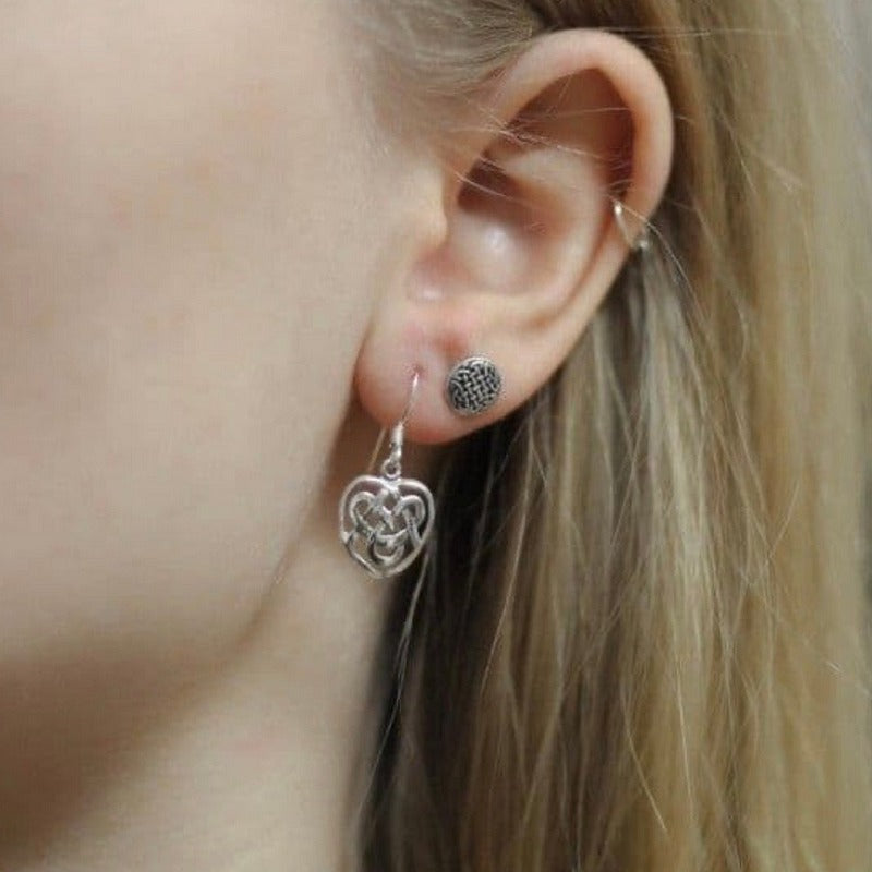 Silver Dee Celtic Knotwork Heart Drop Earrings on model