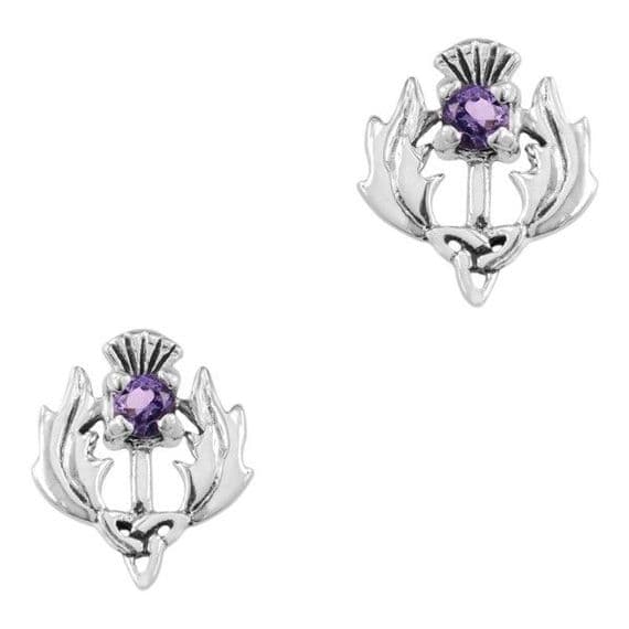 Silver Scottish Thistle Earrings with Amethyst Coloured Stone 9145 front