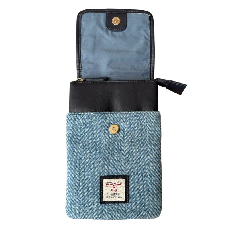 Sky Blue Herringbone Harris Tweed Mini Cross Body Bag open