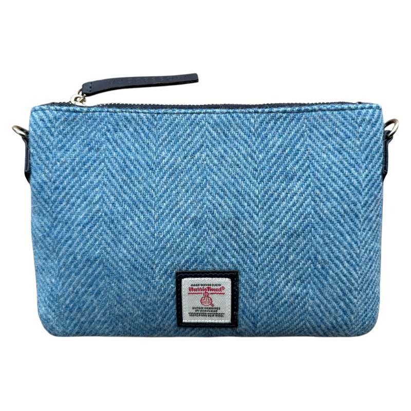 Sky Blue Herringbone Harris Tweed Zip Purse Bag front