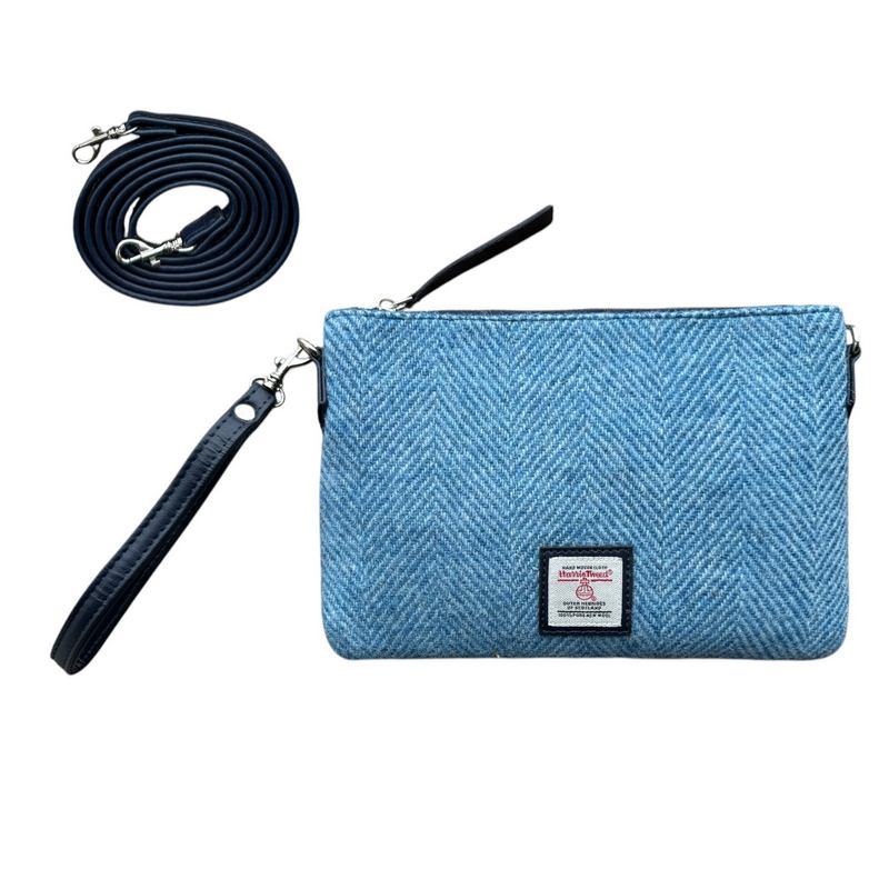 Sky Blue Herringbone Harris Tweed Zip Purse Bag with straps
