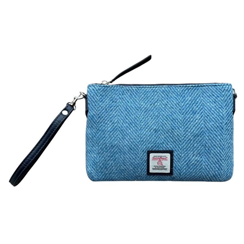 Sky Blue Herringbone Harris Tweed Zip Purse Bag with wrist strap