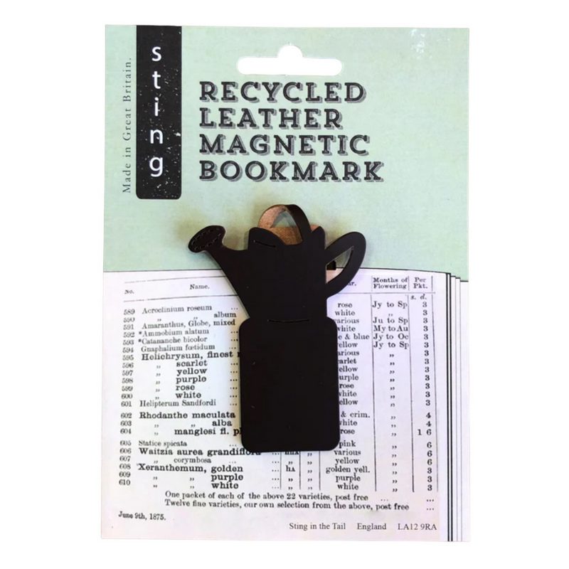 Sting In The Tail Recycled Leather Magnetic Bookmark Watering Can packaged