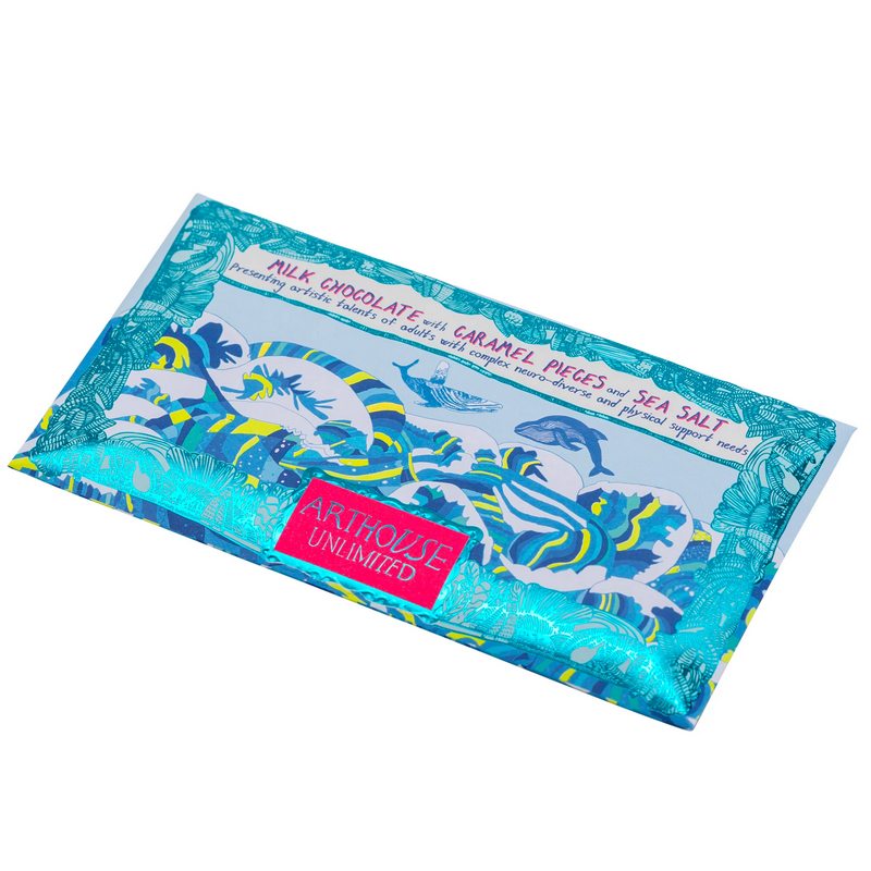 Swim With Whales Handmade Milk Chocolate With Caramel and Sea Salt angled