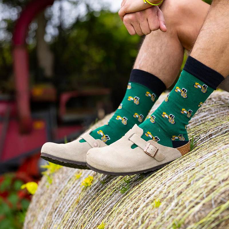 Swole Panda Bamboo Socks Tractor on Green SP440 lifestyle