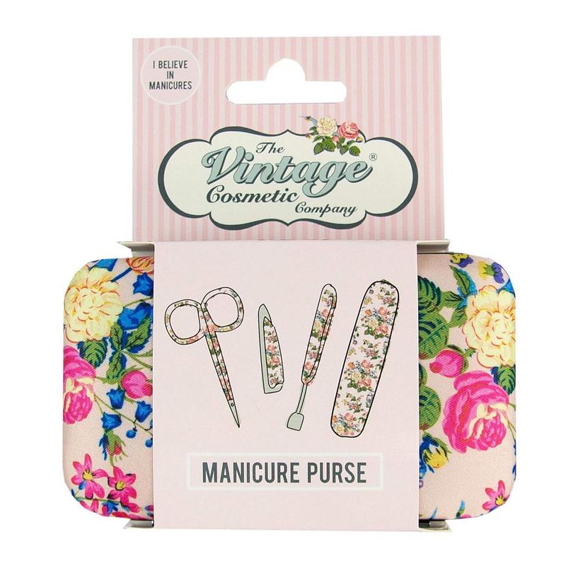The Vintage Cosmetic Company Manicure Purse Pink Floral Satin 2MPPSFL front in packaging