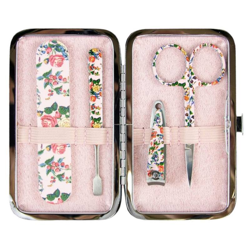 The Vintage Cosmetic Company Manicure Purse Pink Floral Satin 2MPPSFL open