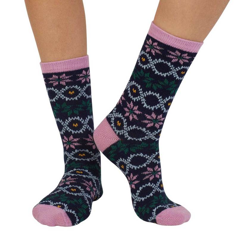 Thought Fashion Eleni Fair Isle Wool Socks Navy Pink SPW904 pair