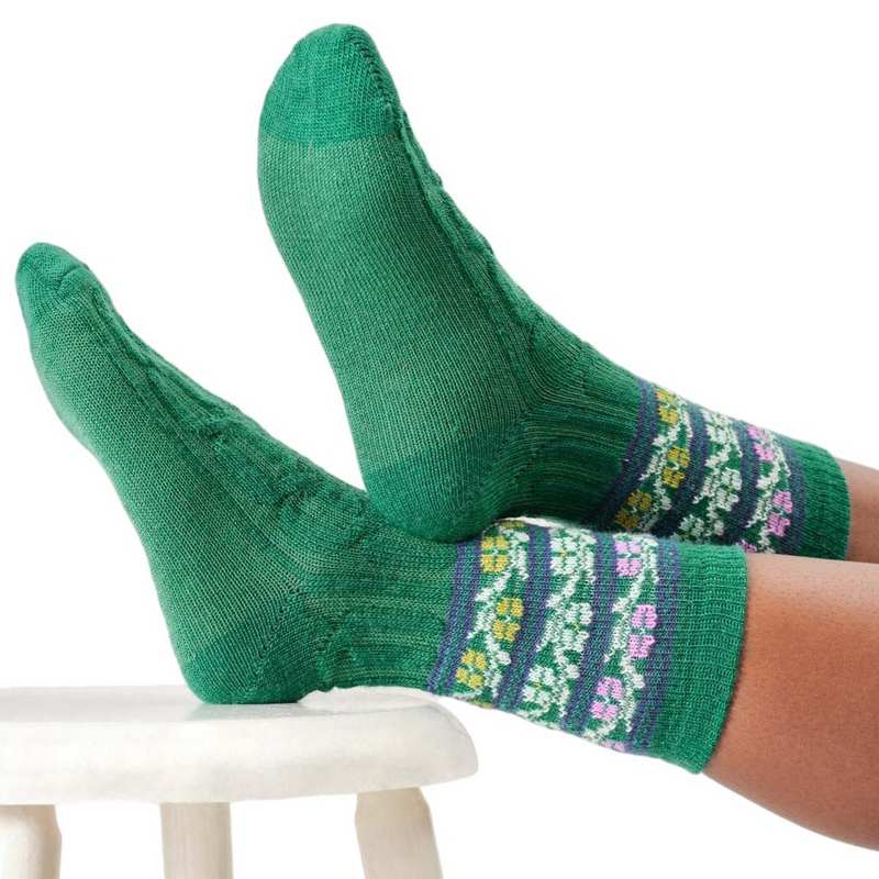 Thought Fashion Floral Fairisle Wool Socks Jewel Green 4-7 TA654 lifestyle