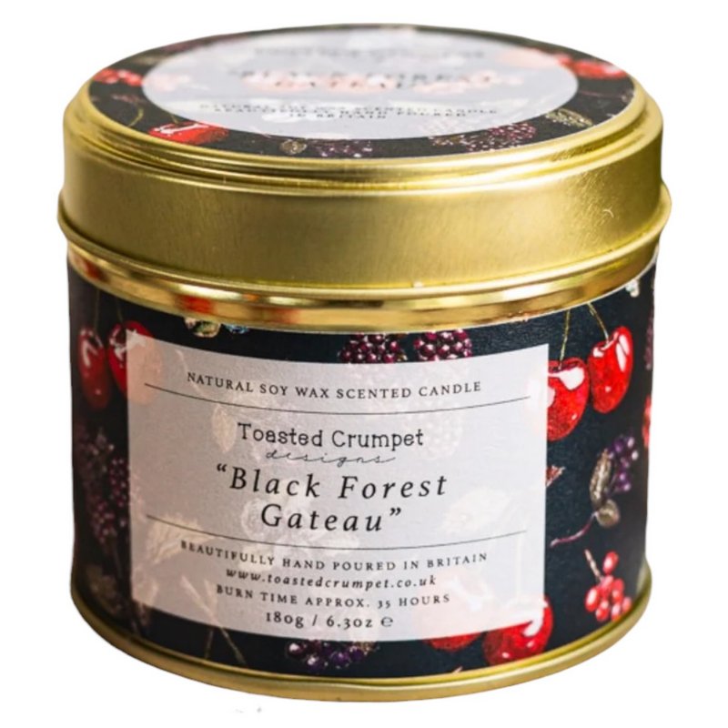Toasted Crumpet Black Forest Gateaux candle in Matt Gold Tin TC80 front