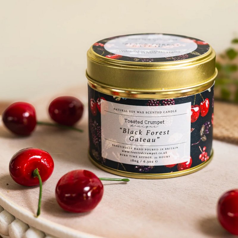 Toasted Crumpet Black Forest Gateaux candle in Matt Gold Tin TC80 lifestyle