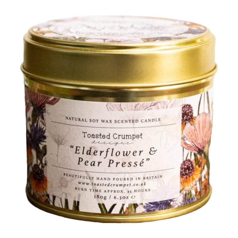 Toasted Crumpet Designs Elderflower and Pear Presse candle in Matt Gold Tin TC75 front