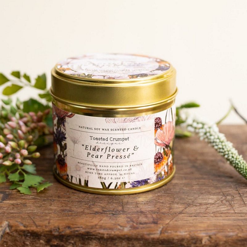 Toasted Crumpet Designs Elderflower and Pear Presse candle in Matt Gold Tin TC75 lifestyle