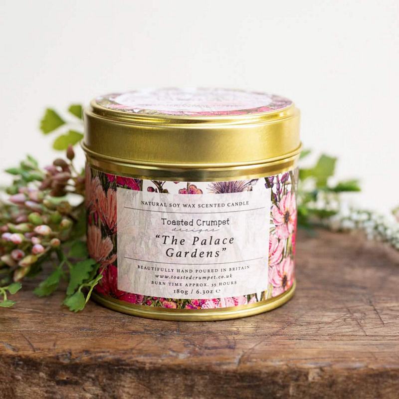 Toasted Crumpet Designs Palace Gardens Candle in Matt Gold Tin TC73 lifestyle