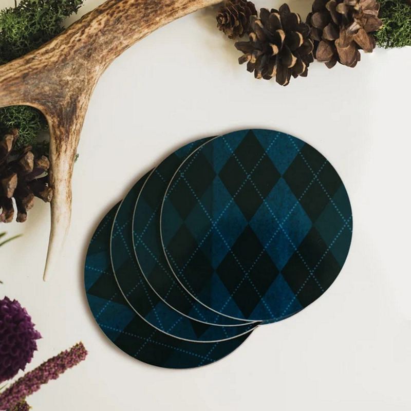 Toasted Crumpet Midnight Blue Argyle Round Coaster RC44 lifestyle