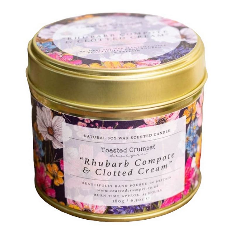Toasted Crumpet Rhubarb Compote and Clotted Cream Candle in Matt Gold Tin TC74 front