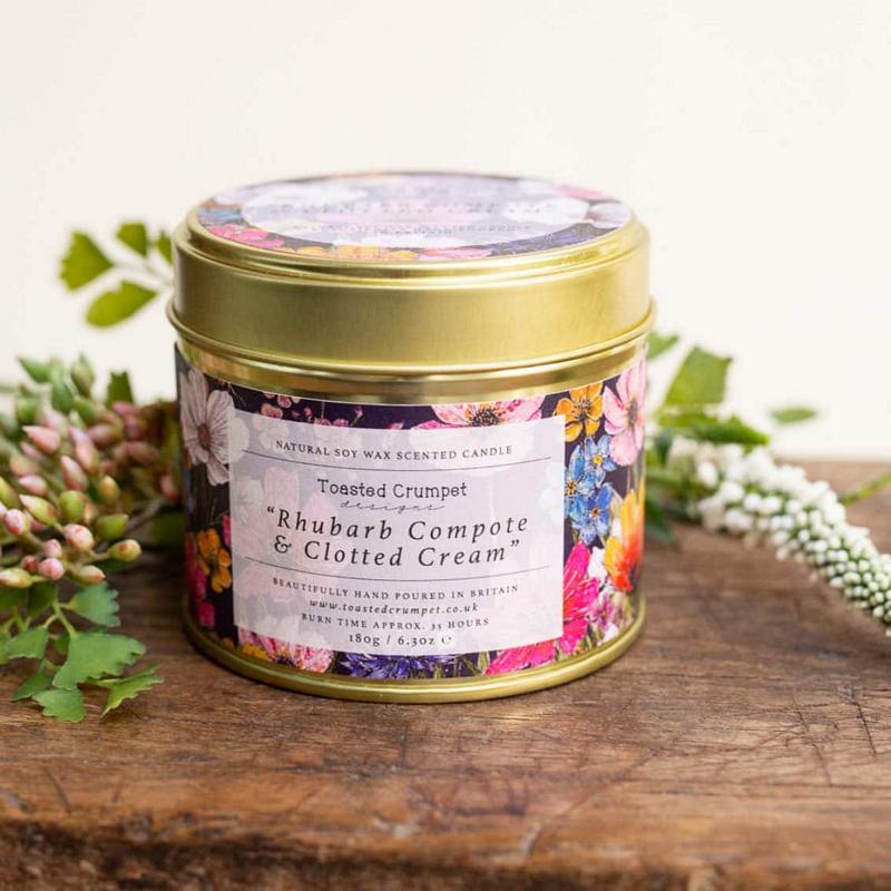 Toasted Crumpet Rhubarb Compote and Clotted Cream Candle in Matt Gold Tin TC74 lifestyle