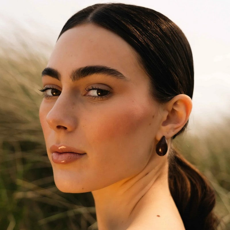 Tutti & Co Hush Earrings Brown Shimmer Enamel Gold EA621G on model 1