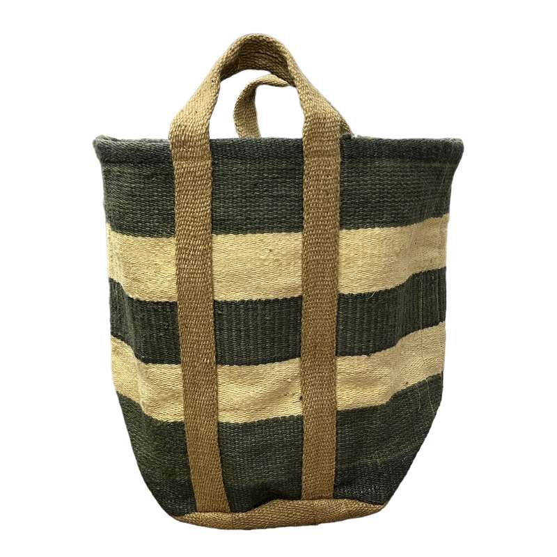 Waltons Of Yorkshire Jute Storage Basket Slate Blue Natural Stripes JSBBN front