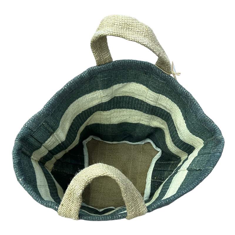 Waltons Of Yorkshire Jute Storage Basket Slate Blue Natural Stripes JSBBN inside