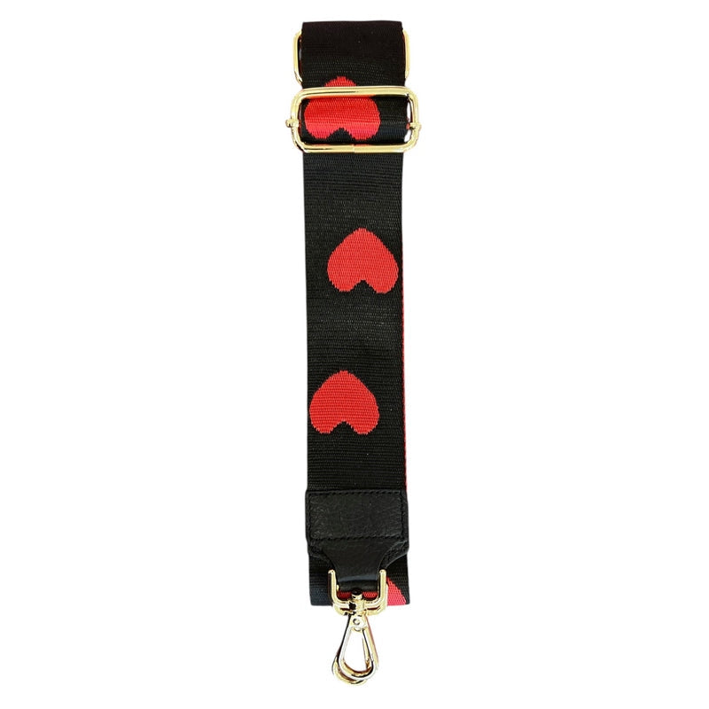 Wide Bag Strap Black with Red Hearts Main