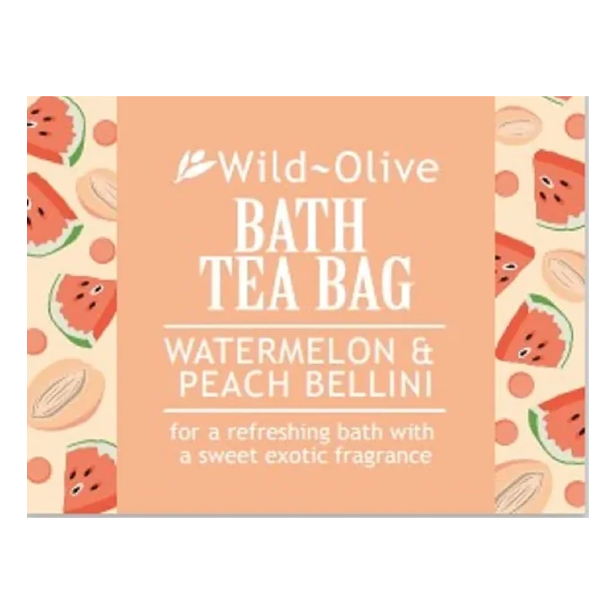 Wild Olive Bath Teabag Pink Watermelon & Peach Bellini label