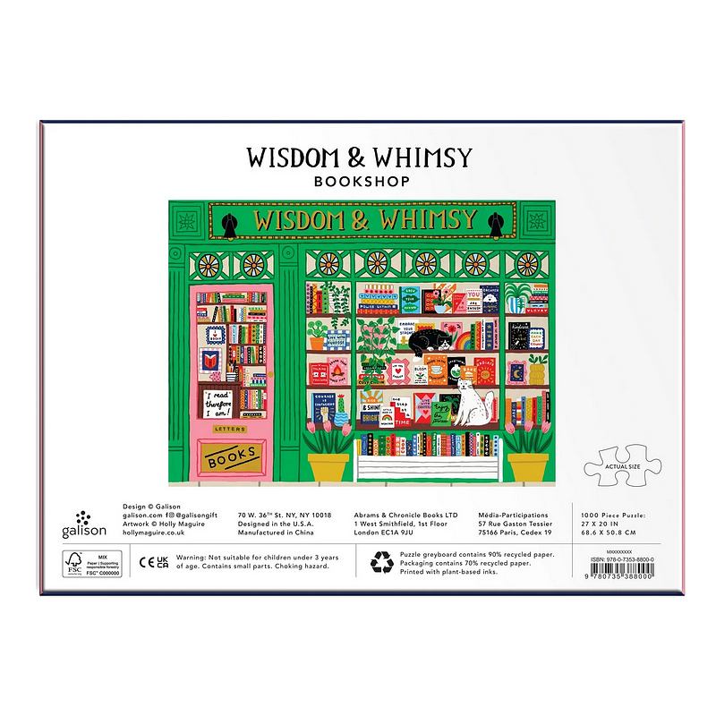 Wisdom & Whimsy Bookshop 1000 Piece Foil Jigsaw Puzzle box rear
