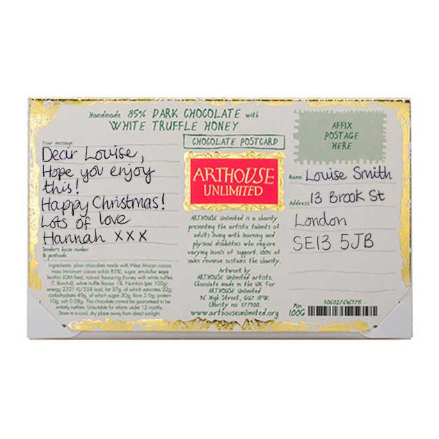 Abundance Postcard Dark Chocolate with White Truffle Honey back