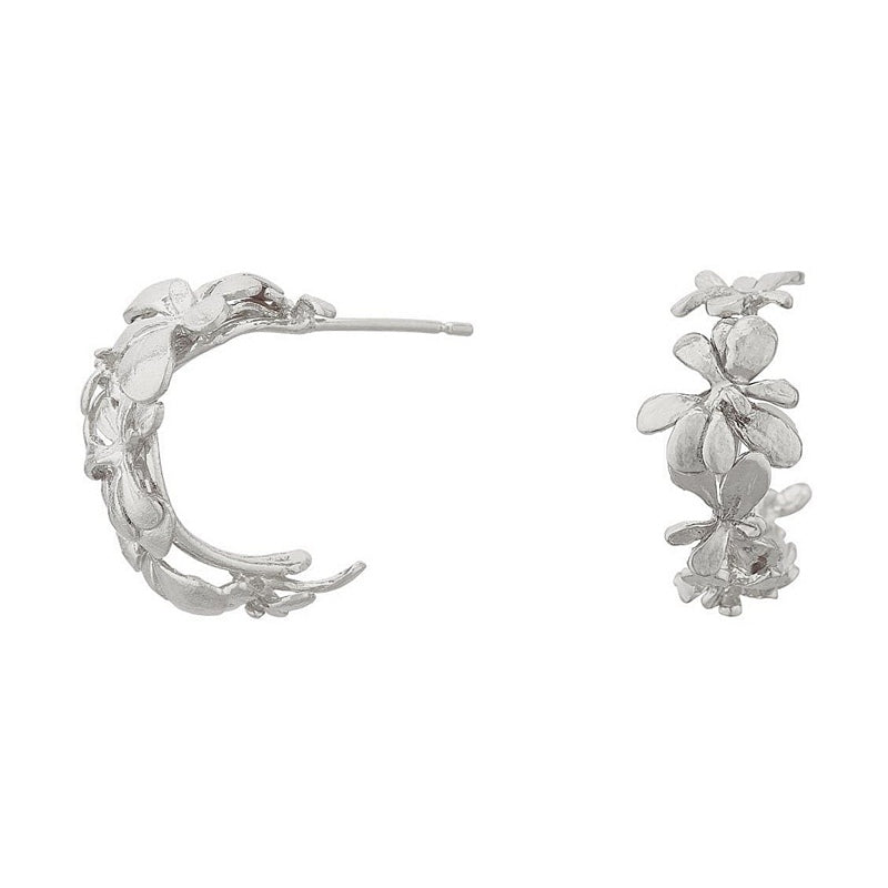 Alex Monroe Jewellery Sprouting Rosette Huggie Hoops Silver HBE5-S front & side