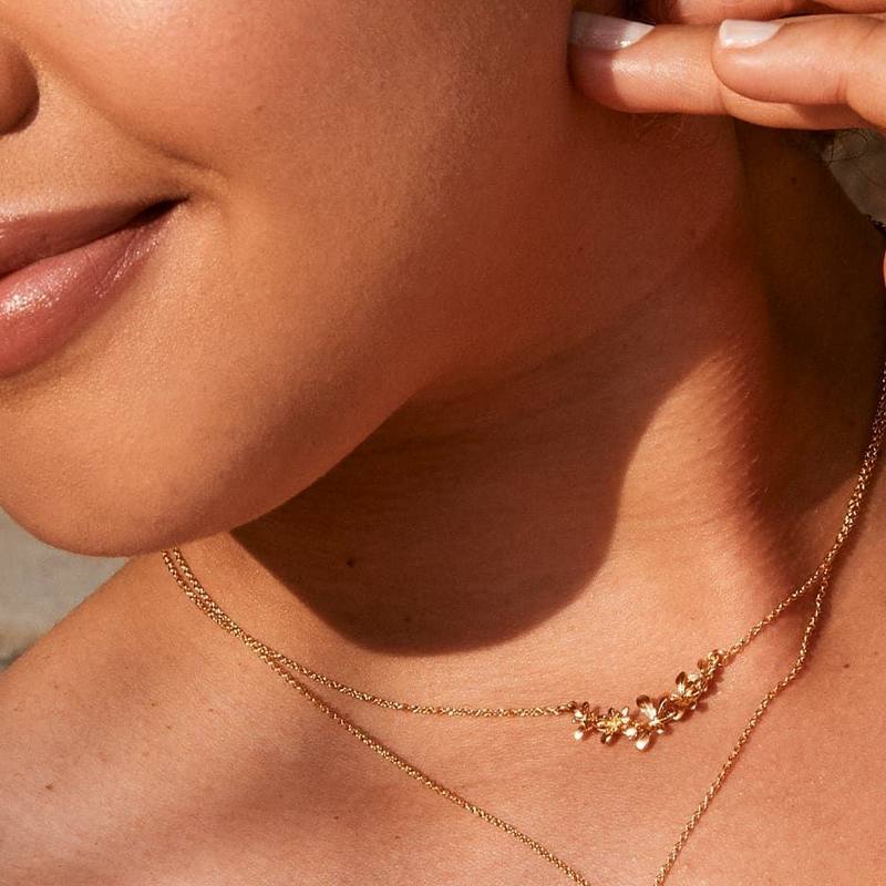 Alex Monroe Jewellery Sprouting Rosette In-Line Necklace Gold Plate HBN3-GP on model