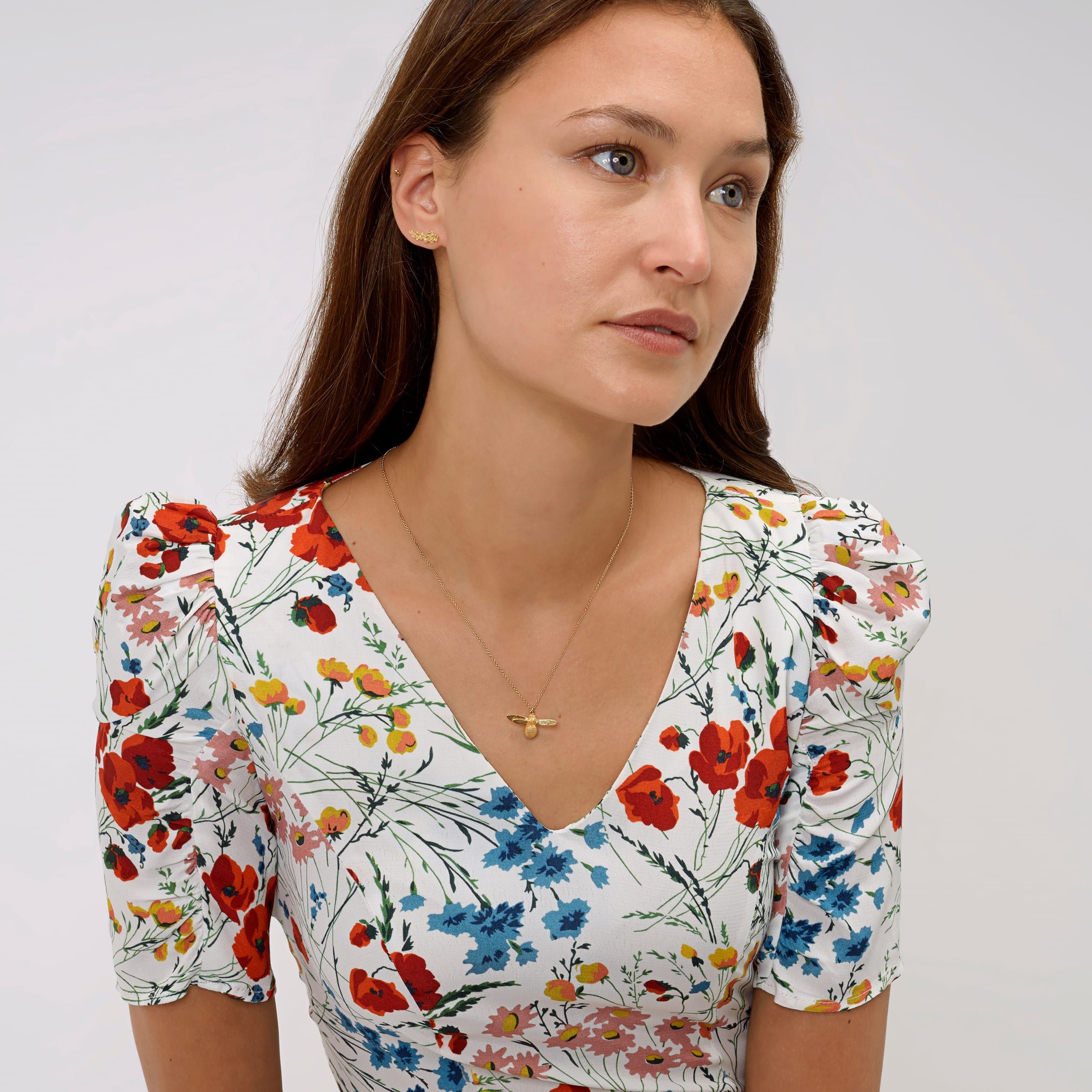 Alex Monroe Baby Bee Necklace Gold Plated BBN1-GP on model