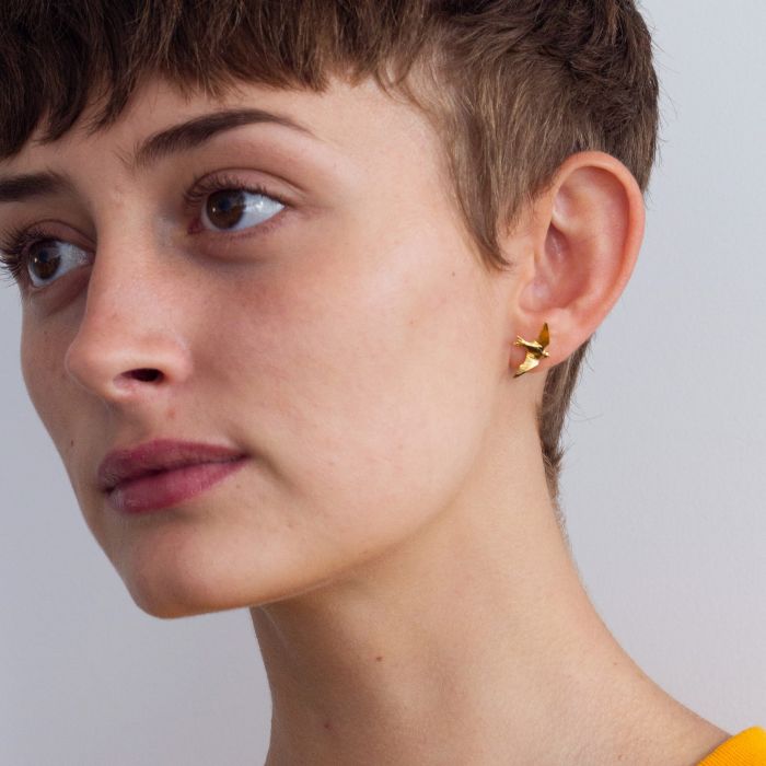 Alex Monroe Flying Swallow Stud Earrings Gold Plated DE2-GP on model