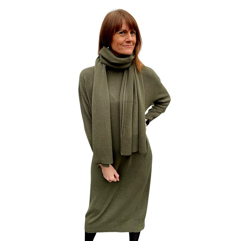 Amazing Woman Coby Scarf on model in Paige Dress in Olive Musch