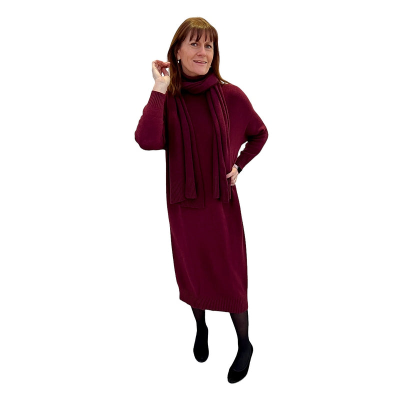 Amazing Woman Paige Polo Neck Long Dress Mulberry on model front with matching scarf