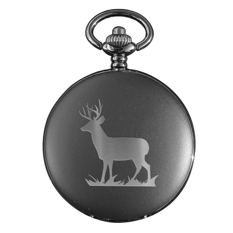 Art Pewter Matt Black Pocket Watch Engraved Stag PWB-ST