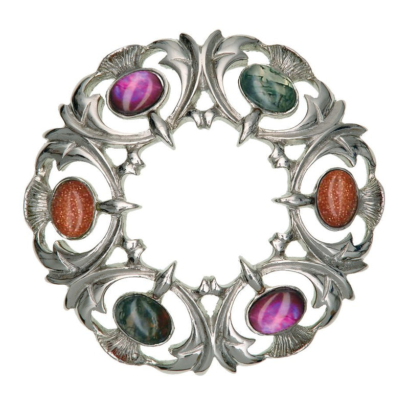 Art Pewter Thistle Brooch Inset With Precious Stones 16
