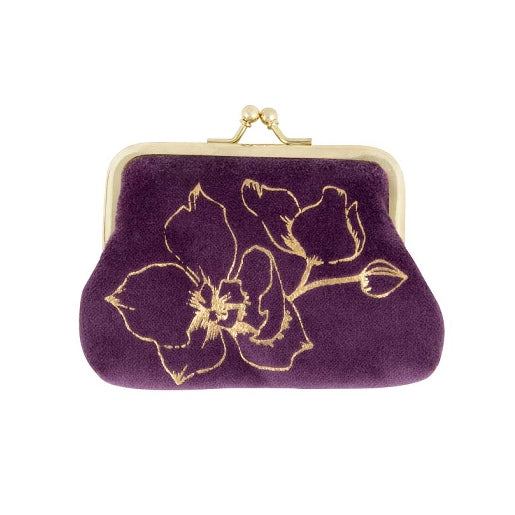 ArteBene Clip Close Purple Velvet Purse Gold Flower 241068 front