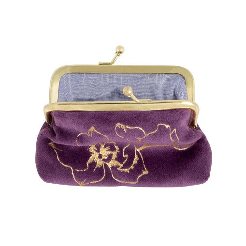ArteBene Clip Close Purple Velvet Purse Gold Flower 241068 open