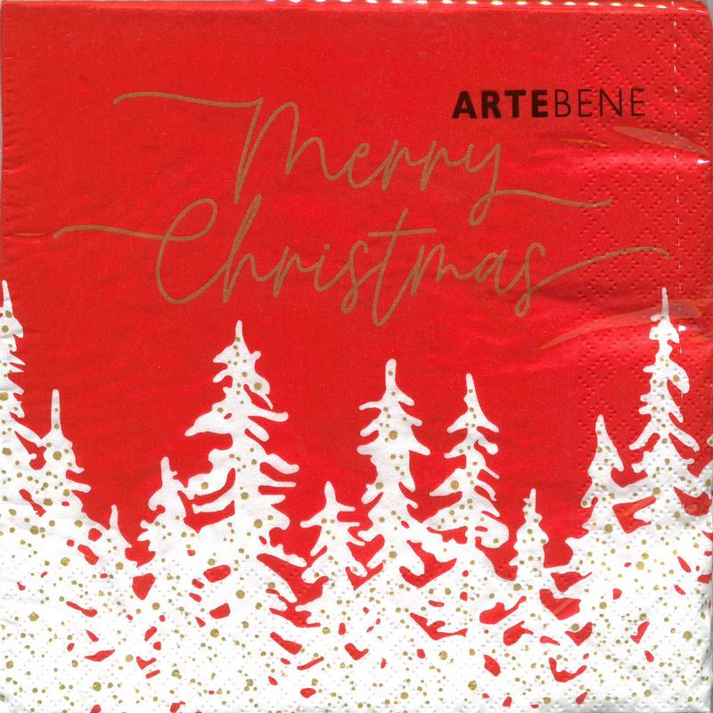 Artebene Paper Napkins Red with Gold Merry Christmas & White Trees 132802 front
