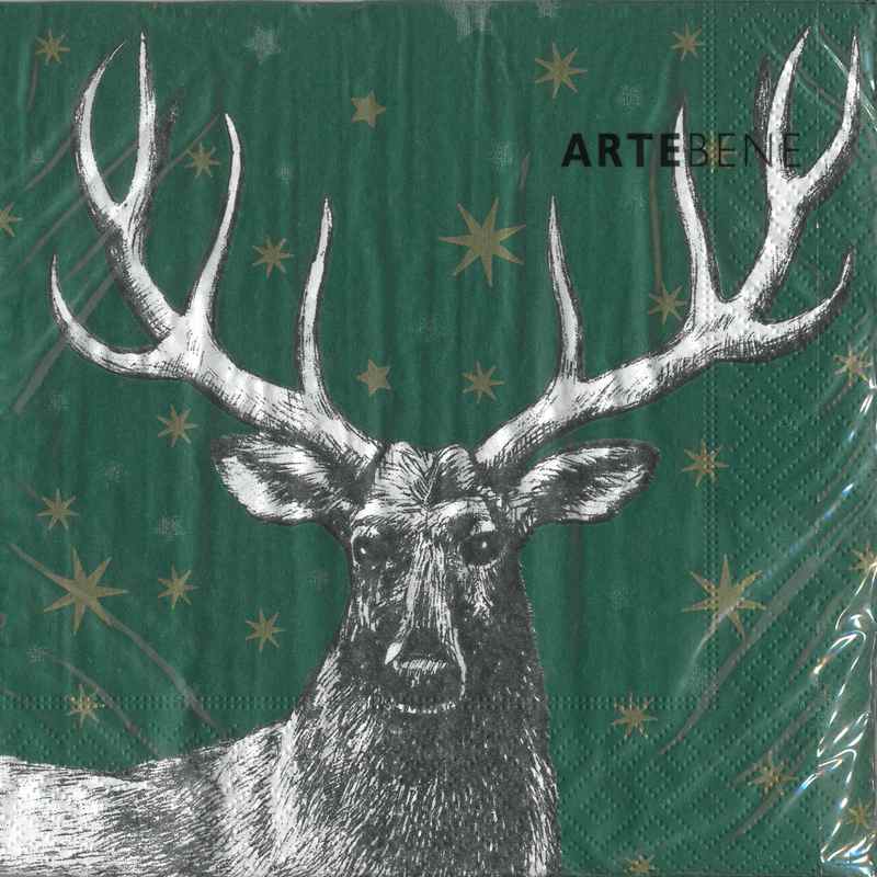 Artebene Paper Napkins Stag on Green with Gold Stars 132419 front