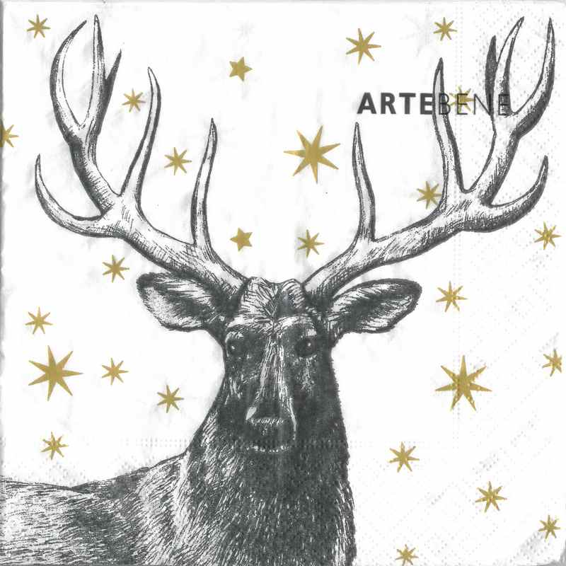 Artebene Paper Napkins Stag on White with Gold Stars 132422 front