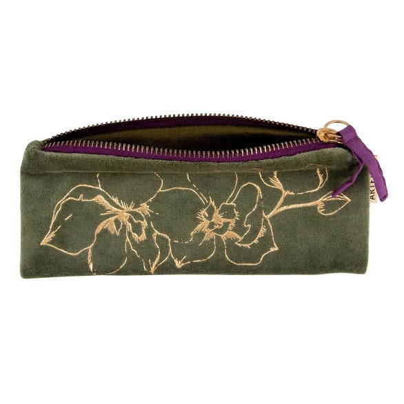Artebene Velvet Pouch Green with Gold Floral Design 241065 open