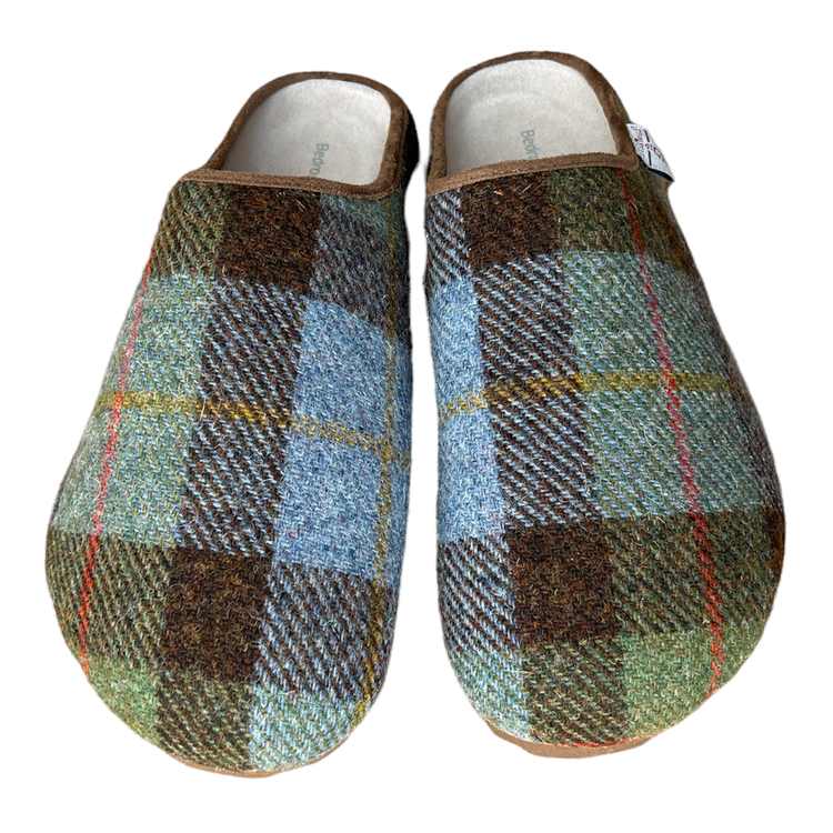 Bedroom Athletics Archie Chocolate Green Harris Tweed Slipper Clog 211-255-553-991 front