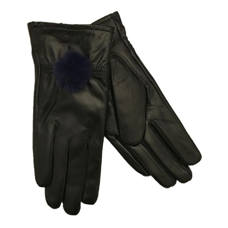 Black Leather Gloves with Blue Pompom front and back